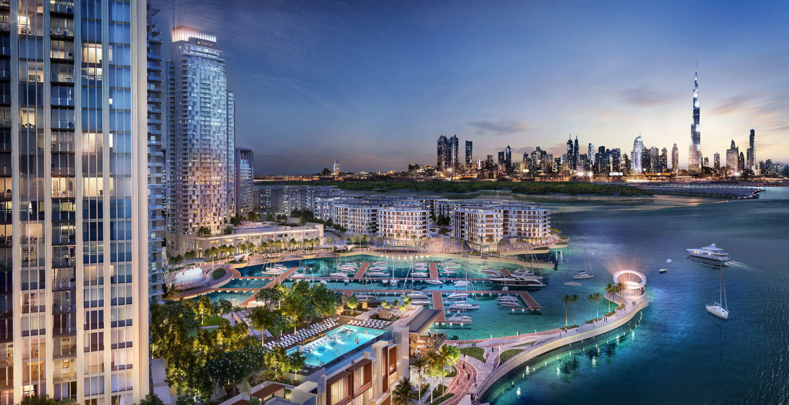 Dubai Creek Harbour marina, waterfront and skyline