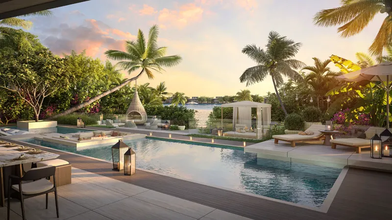 Tilal Al Ghaf pool terrace, palms and lagoon view