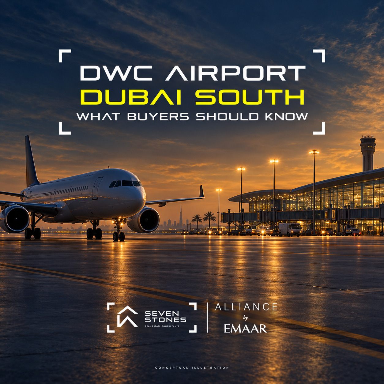 DWC airport and Dubai South buyer guide — Seven Stones conceptual airport illustration.