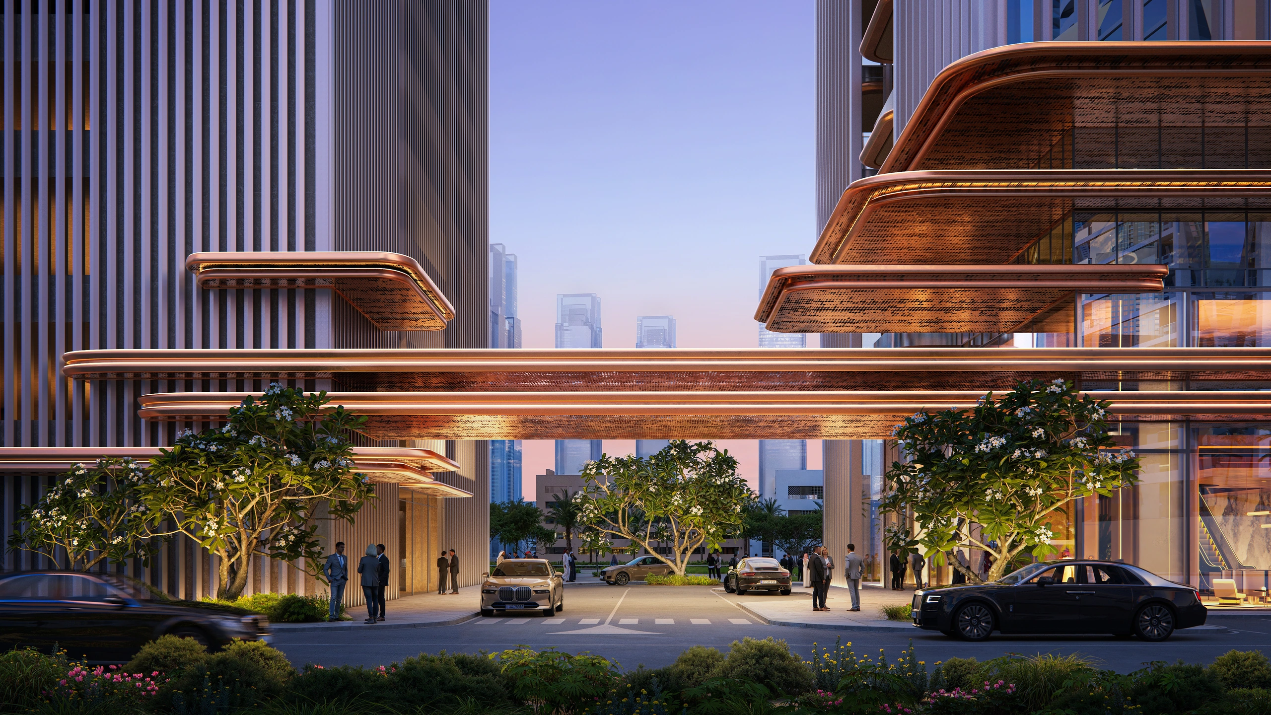 Official Berkeley Tower render showing the bronze entrance canopy and landscaped arrival