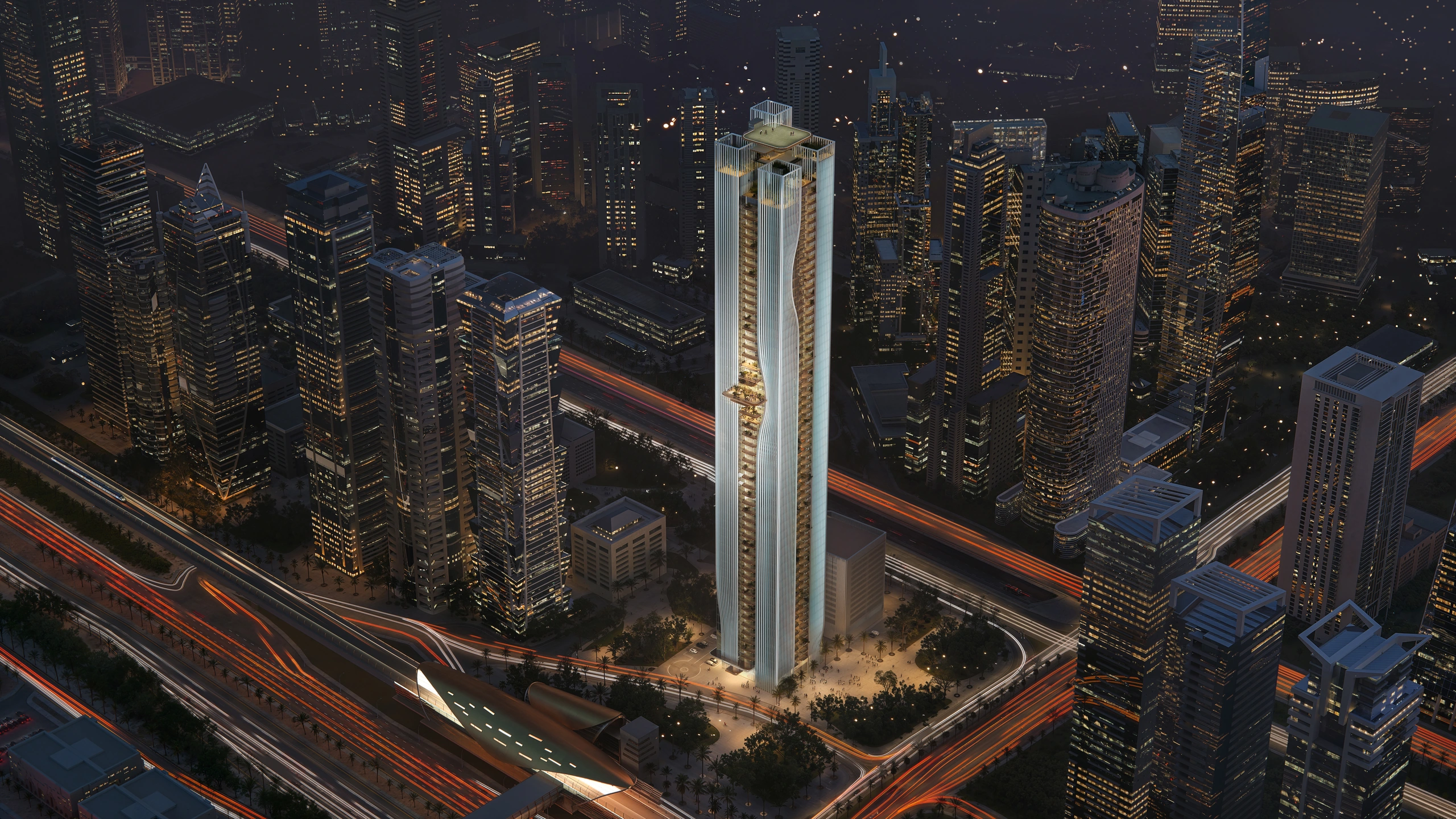 Official Berkeley Tower render beside Sheikh Zayed Road and Business Bay Metro