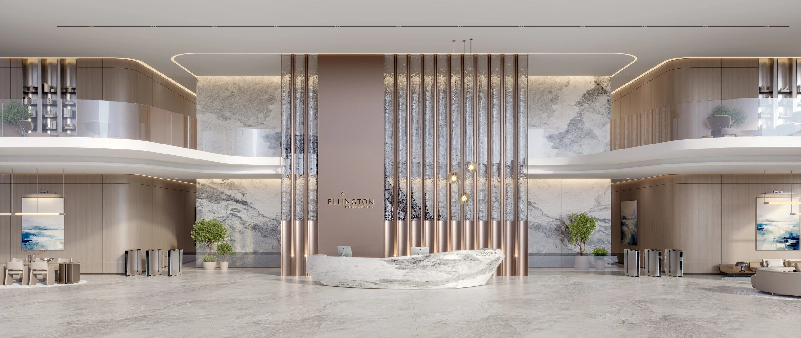 Official render of Berkeley's pale stone reception and double-height lobby