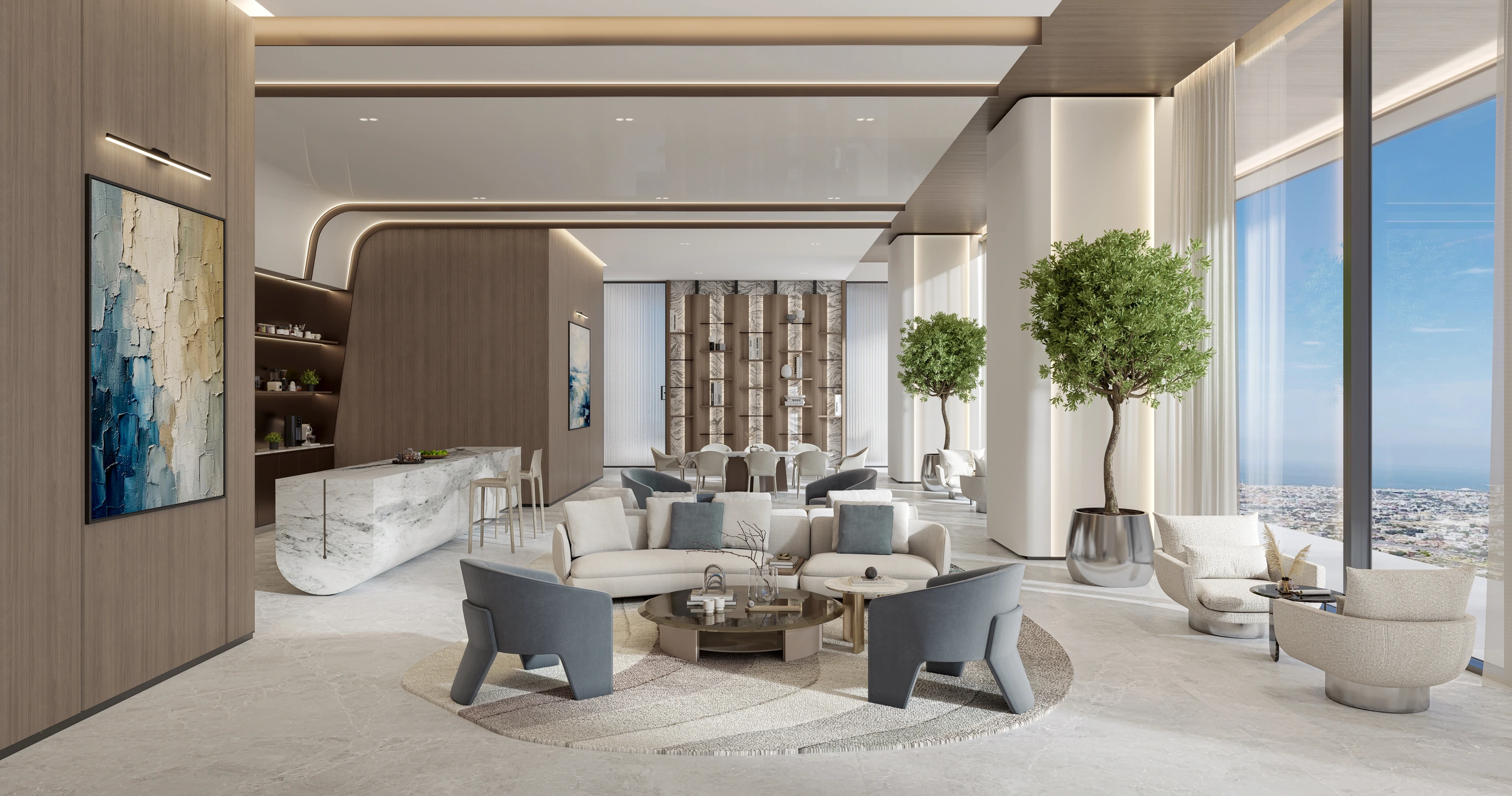 Official Berkeley co-working lounge render with soft seating and large windows