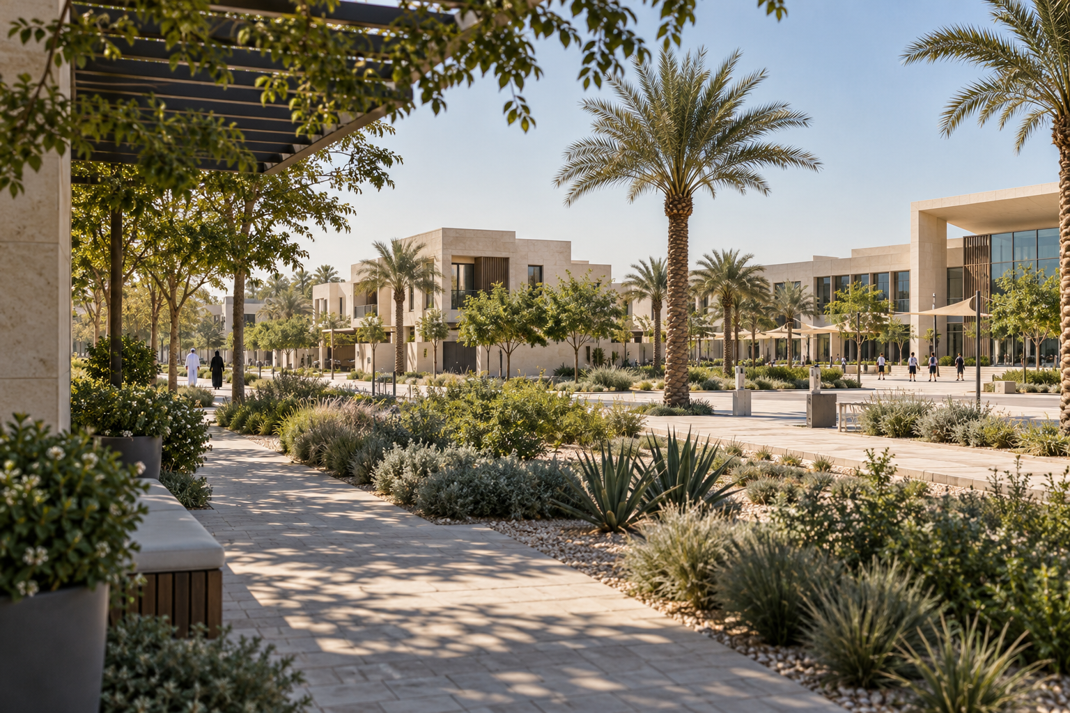 Illustration of a walkable neighbourhood with homes, greenery and local amenities.