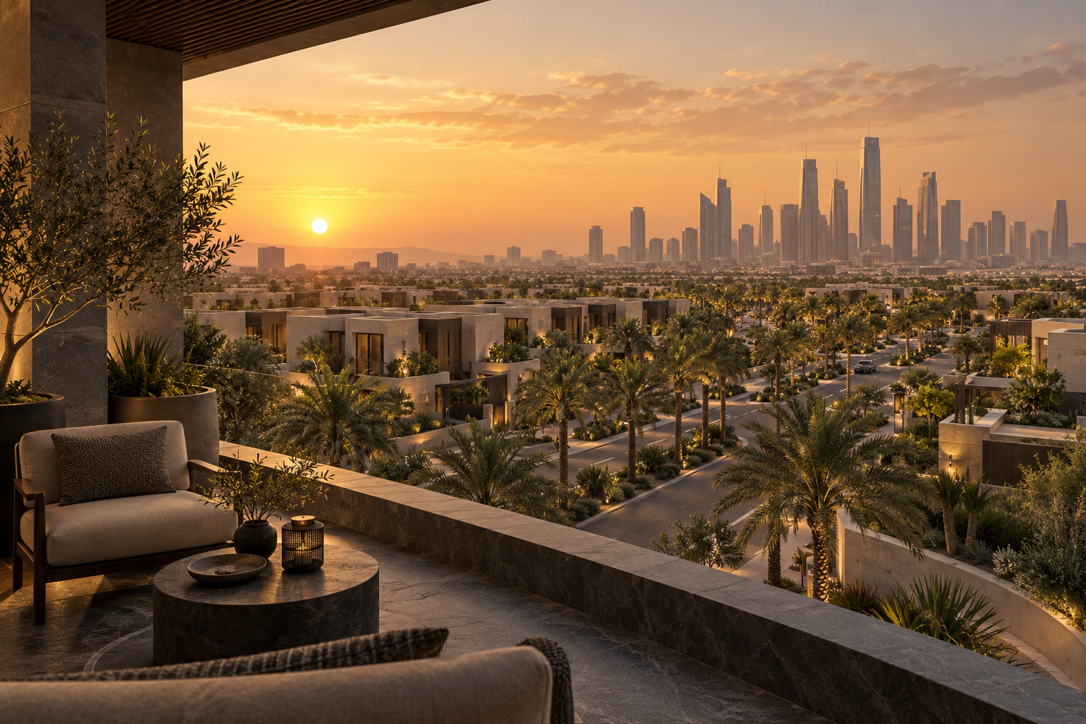 Illustrated residential neighbourhood viewed from a terrace.