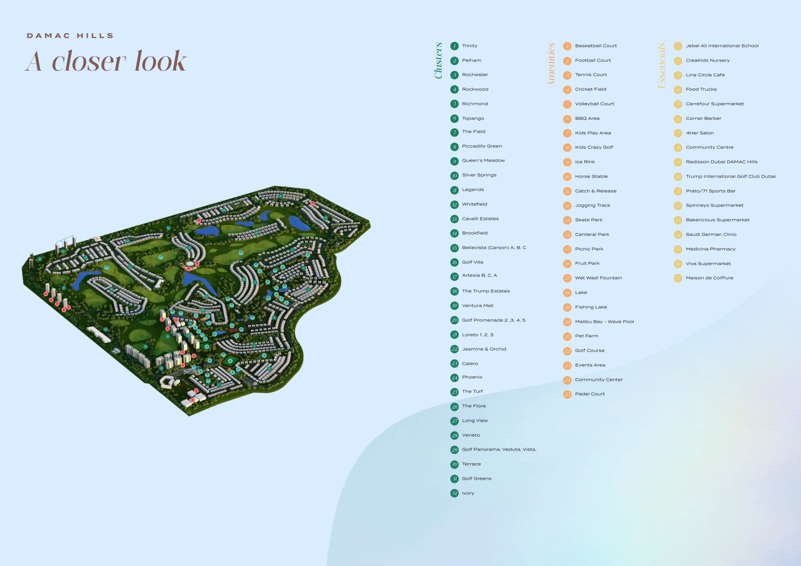 DAMAC Hills community plan with cluster, activity and essential-service legends