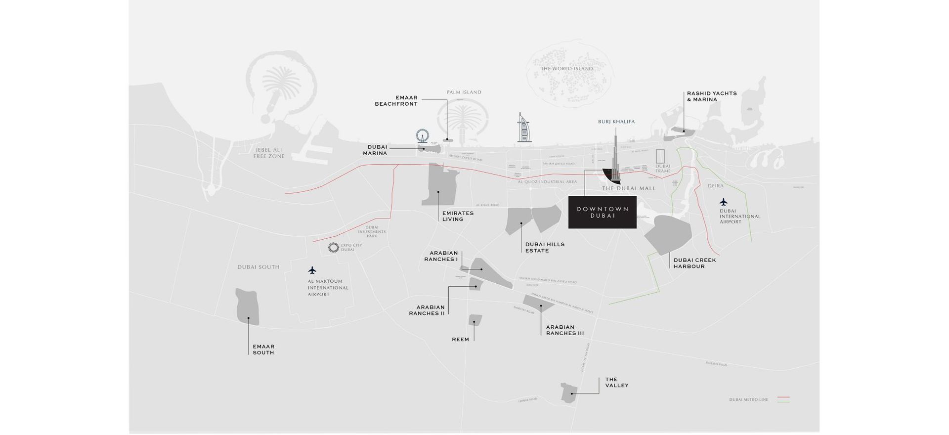 Emaar location map showing Downtown Dubai among surrounding Dubai communities