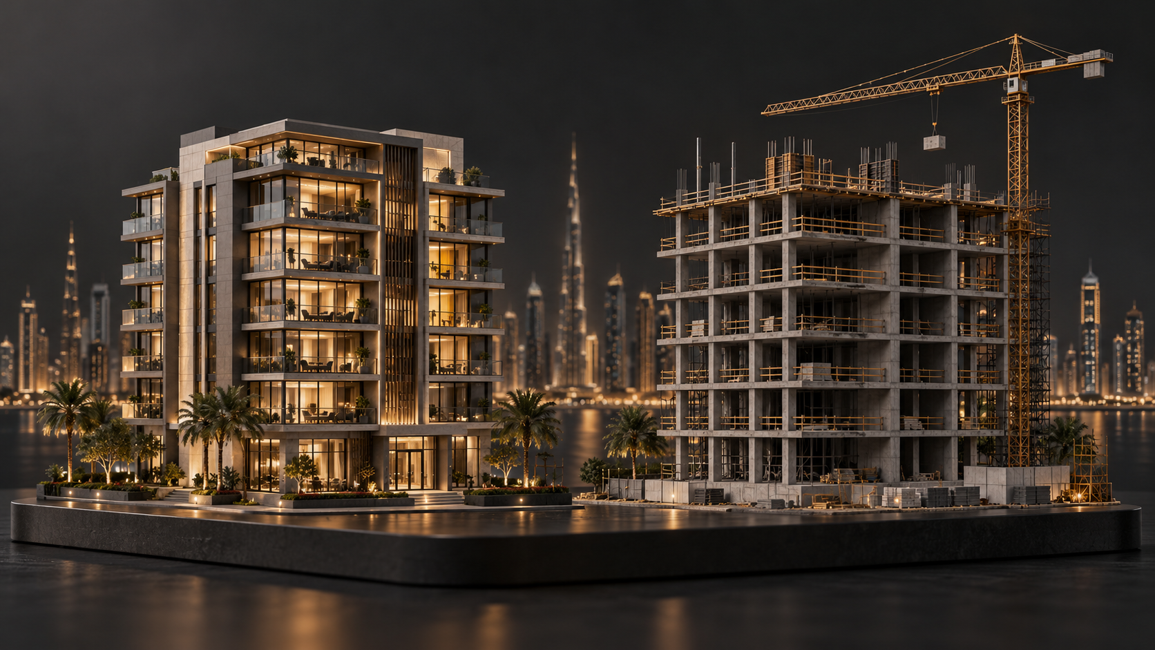 Conceptual architectural models of a completed apartment building and a building under construction.