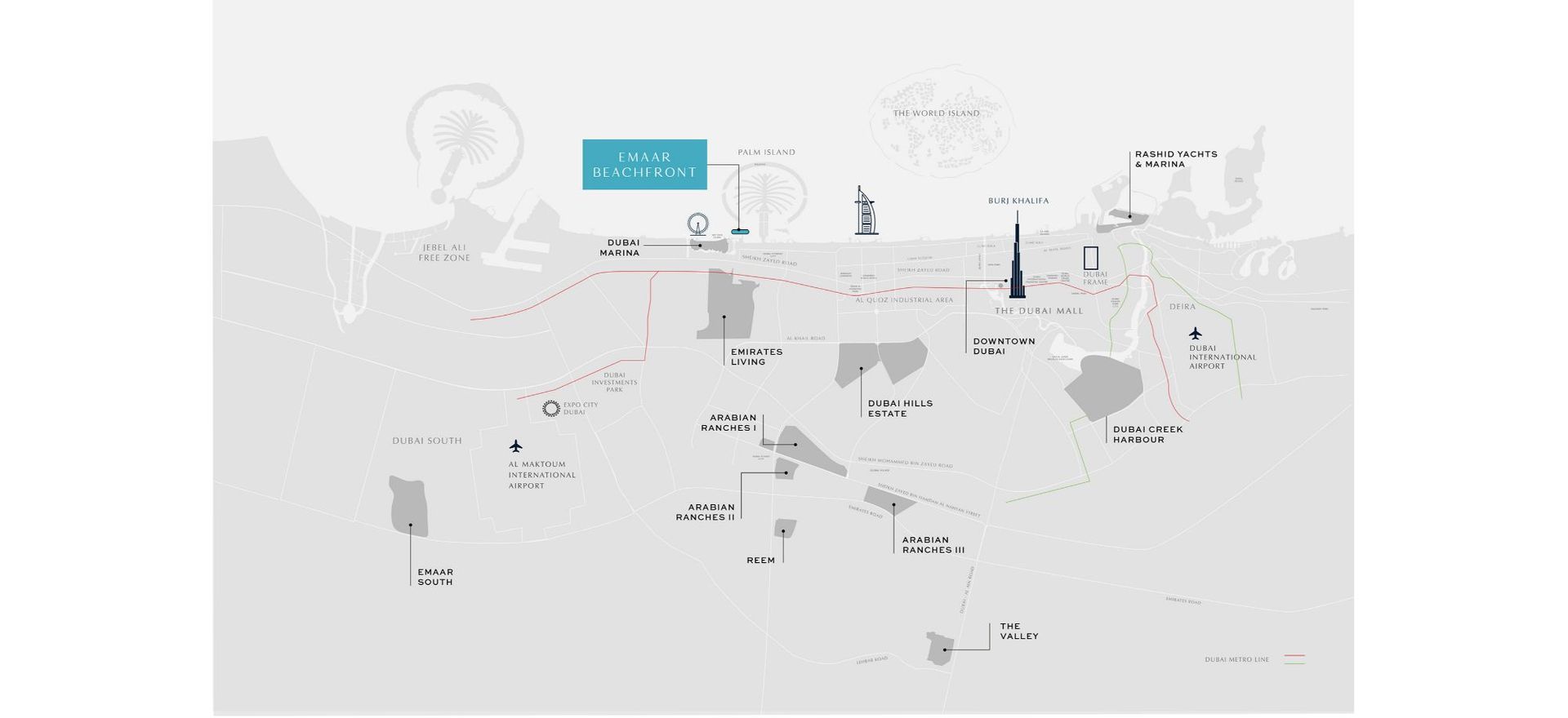 Emaar location map showing Emaar Beachfront among surrounding Dubai communities