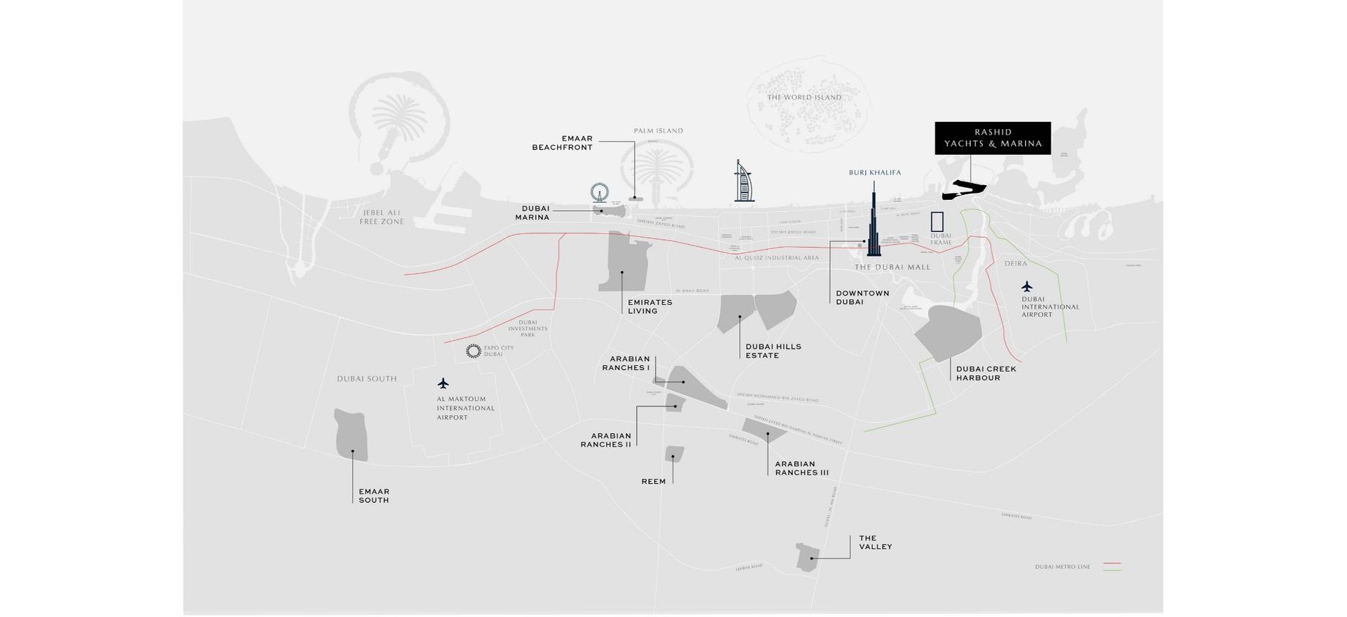 Emaar location map showing Rashid Yachts & Marina in relation to surrounding Dubai communities