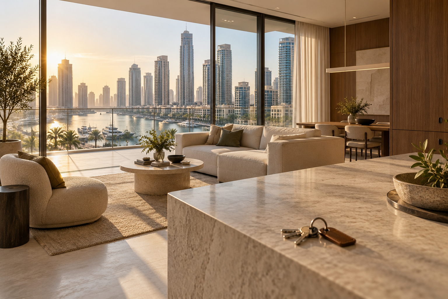 Illustration of a finished apartment interior with keys beside a waterfront view.