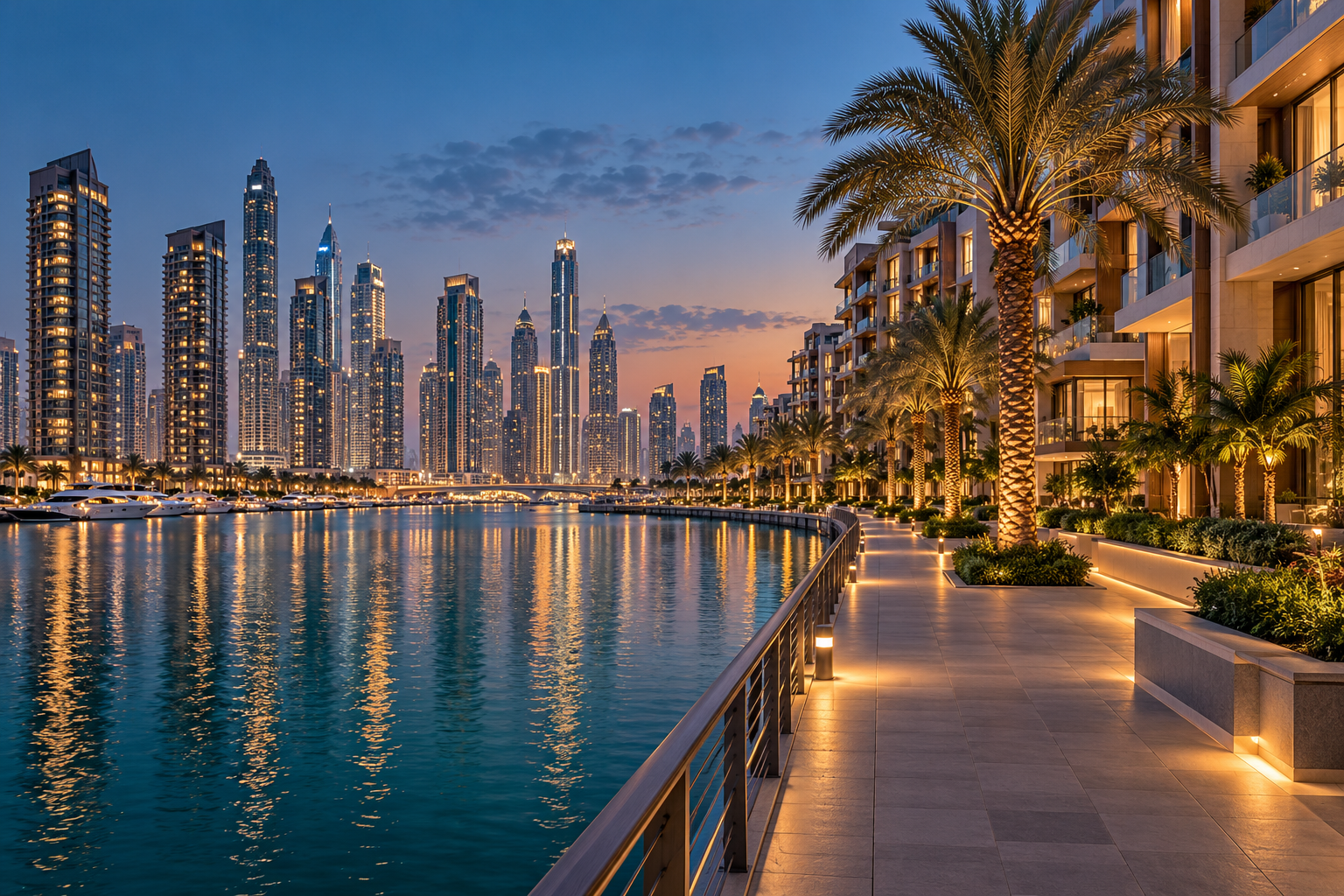 Illustrated waterfront residences at dusk.
