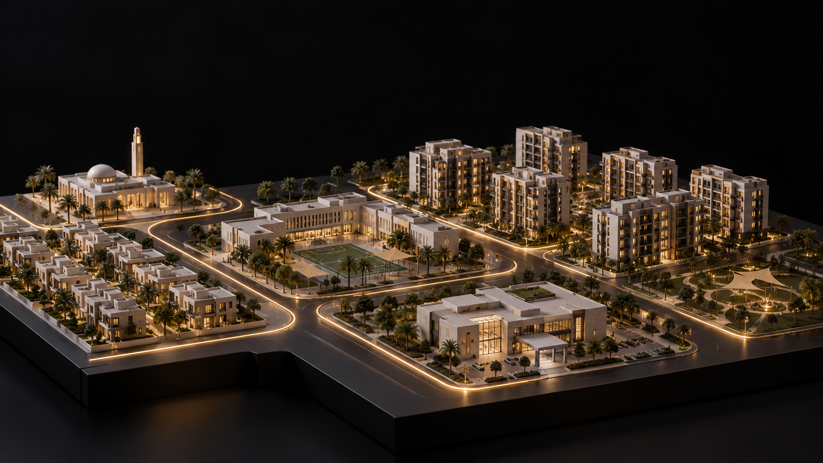 Conceptual model of homes and public amenities connected by illuminated streets.